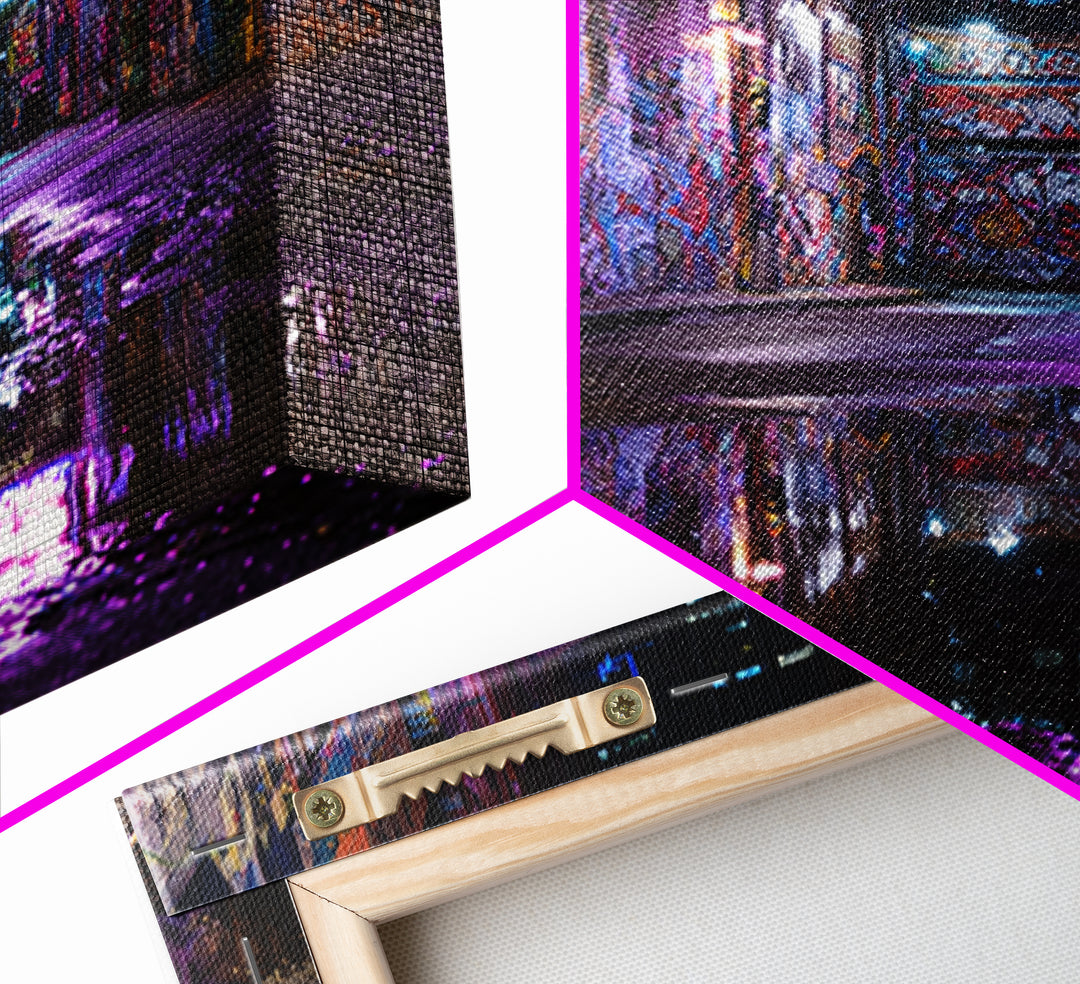 Neon Graffiti Alley Reflections Wall Art, Urban Street Canvas Print, City Night Decor, Edgy Contemporary Office Art Gift