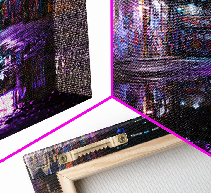 Neon Graffiti Alley Reflections Wall Art, Urban Street Canvas Print, City Night Decor, Edgy Contemporary Office Art Gift