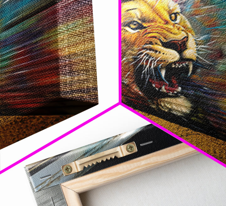 Roaring Lion Subway Train Canvas Print, Motion Blur Graffiti Wall Art, Big Cat Urban Street Decor For Modern Home Decor Gift