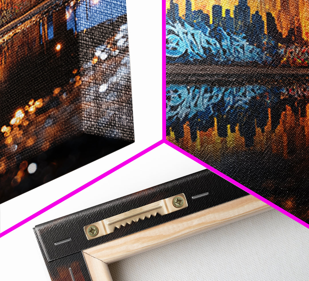 Urban Graffiti Underpass Wall Art, City Skyline Reflection, Street Art Print, Industrial Decor, Modern Office Wall Decor