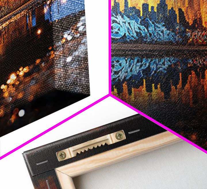 Urban Graffiti Underpass Wall Art, City Skyline Reflection, Street Art Print, Industrial Decor, Modern Office Wall Decor