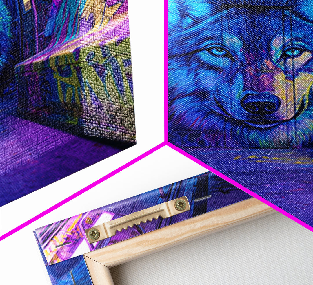 Neon Blue Wolf Subway Canvas Print, Cyberpunk Graffiti Animal Wall Decor, Urban Street Art, Gamer Room Statement Art Gift