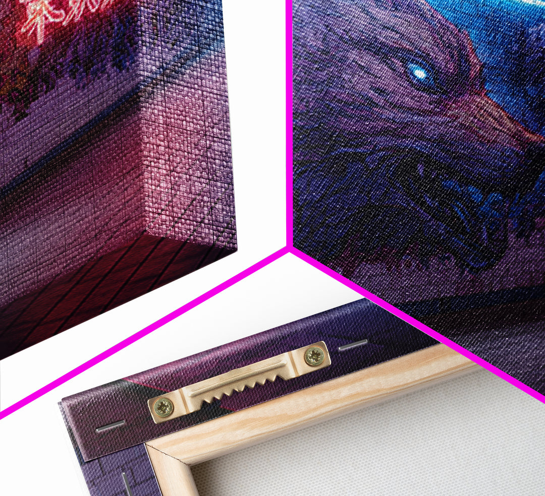 Neon Wolf Subway Mural Canvas Print, Cyberpunk Graffiti Wall Art, Futuristic Animal Street Art For Gaming Room Decor Gift
