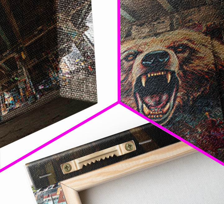 Roaring Bear Graffiti Underpass Wall Art, Urban Street Art Canvas Print, Wildlife Mural Decor, Man Cave Industrial Loft Home Decor