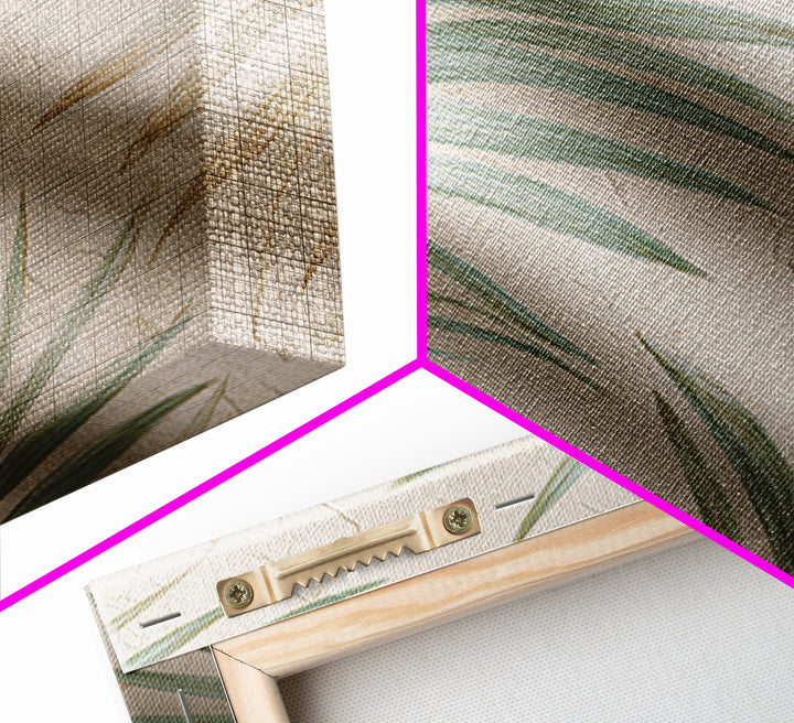 Tropical Palm Leaf Wall Art, Soft Green Beige Canvas Print, Coastal Botanical Decor, Boho Spa Bathroom Wall Decor For Relaxing Home Decor