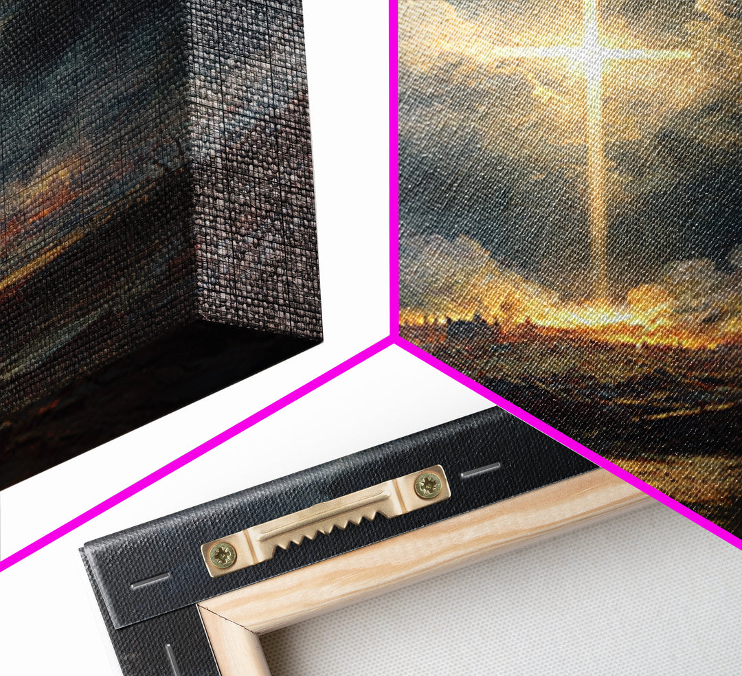 Radiant Cross Over Stormy Battlefield Wall Art, Christian Canvas Print, Dramatic Religious Decor, Spiritual Gift For Home