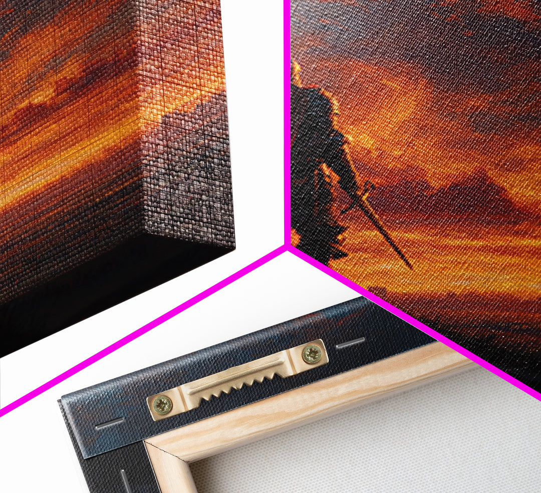 Lone Knight At Fiery Sunset Wall Art, Medieval Fantasy Warrior Canvas Print, Dramatic Landscape For Masculine Home Decor