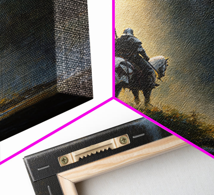 Lone Knight And White Horse By Waterfall Framed Canvas Print, Epic Fantasy Wall Art, Medieval Decor, Adventure Gift For Him