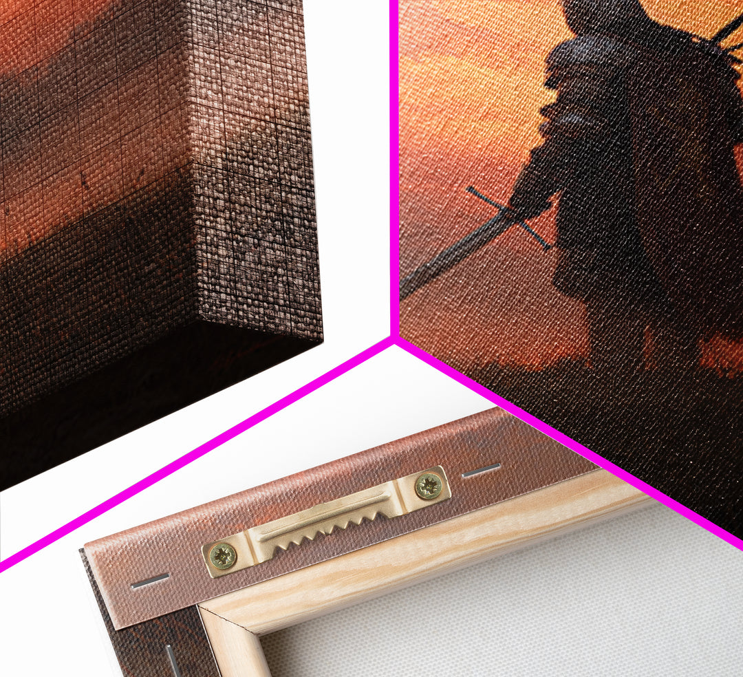 Lone Medieval Knight At Fiery Sunset Wall Art, Fantasy Warrior Canvas Print, Gothic Castle Decor, Dramatic Gift For Him Art
