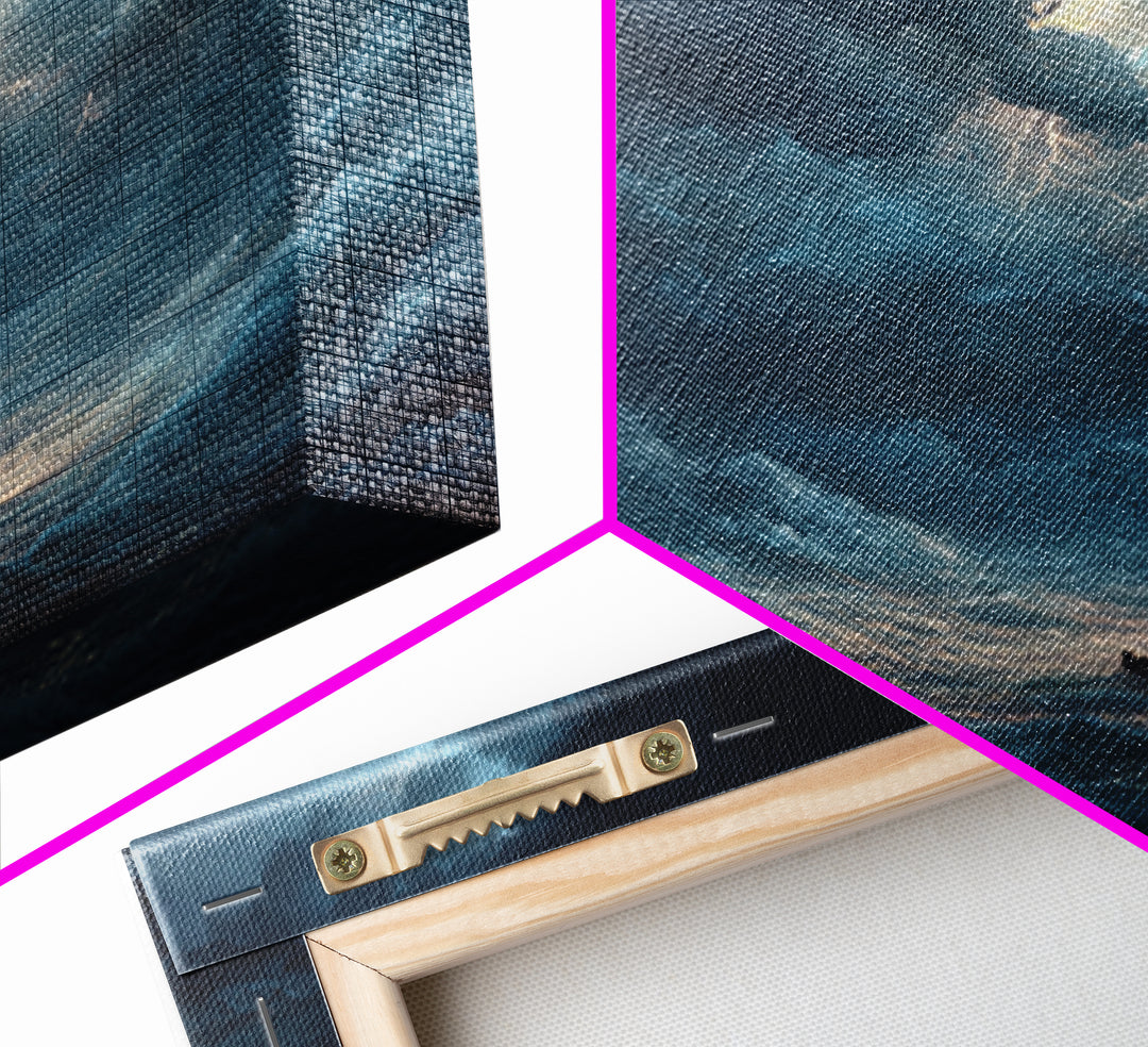 Tiny Boat In Stormy Ocean Wall Art, Dramatic Seascape Canvas Print, Nautical Coastal Decor, Moody Ocean Painting Gift For Him