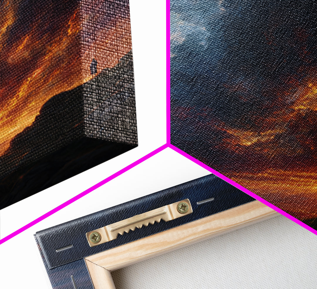 Lone Figure Under Fiery Storm Clouds Wall Art, Dramatic Landscape Canvas Print, Moody Fantasy Decor, Statement Artwork Gift