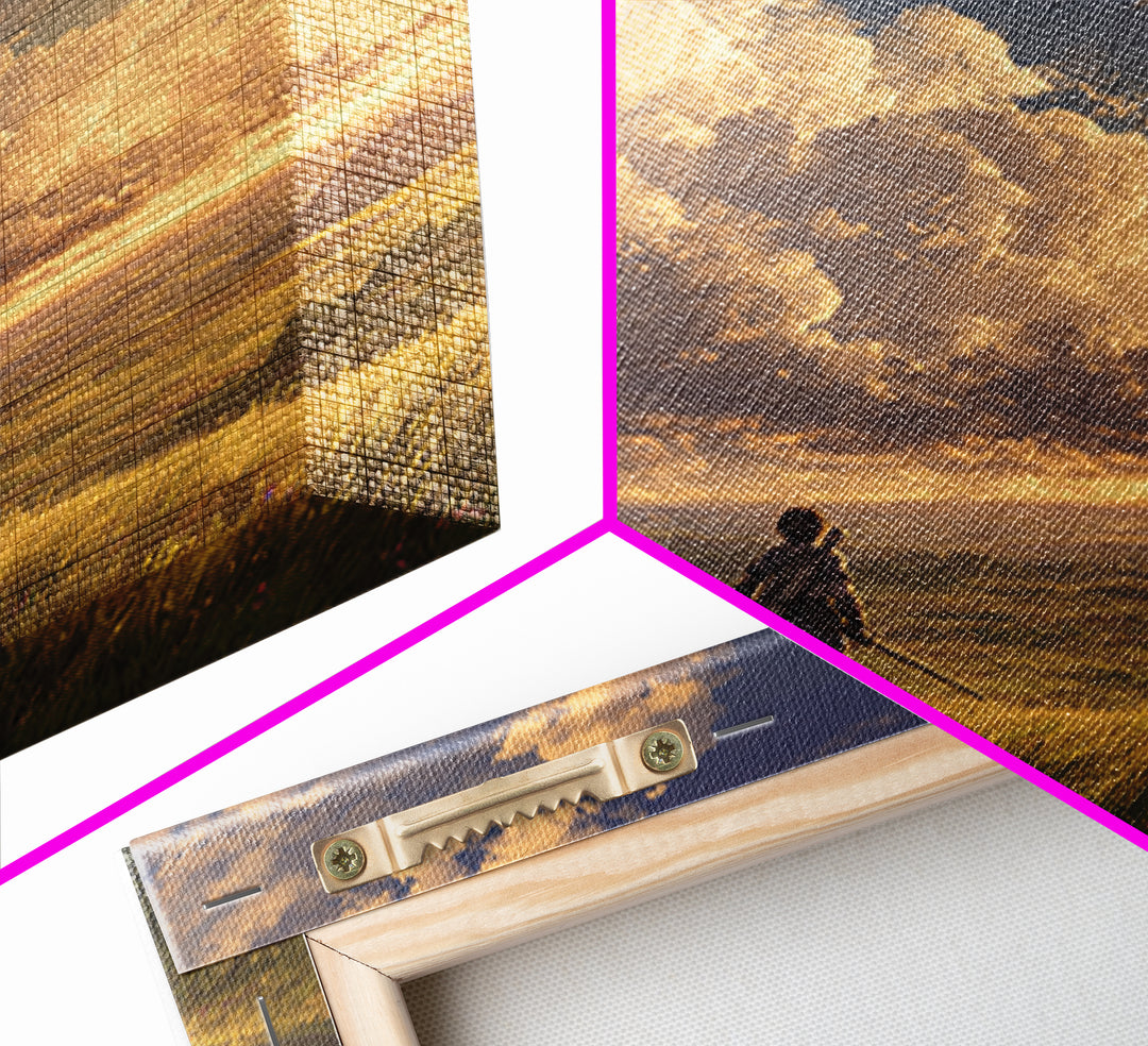 Lone Traveler Under Golden Clouds Wall Art, Fantasy Landscape Painting, Adventure Canvas Print For Bedroom And Living Room Decor