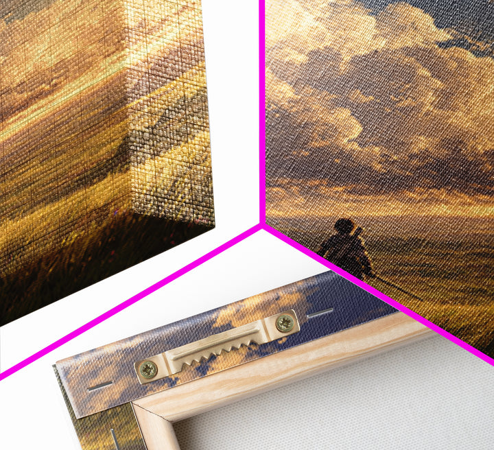 Lone Traveler Under Golden Clouds Wall Art, Fantasy Landscape Painting, Adventure Canvas Print For Bedroom And Living Room Decor