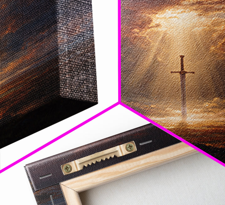 Sword Of Light In Stormy Field Framed Canvas Print, Christian Symbol Painting, Dramatic Landscape Wall Decor, Faith Gift