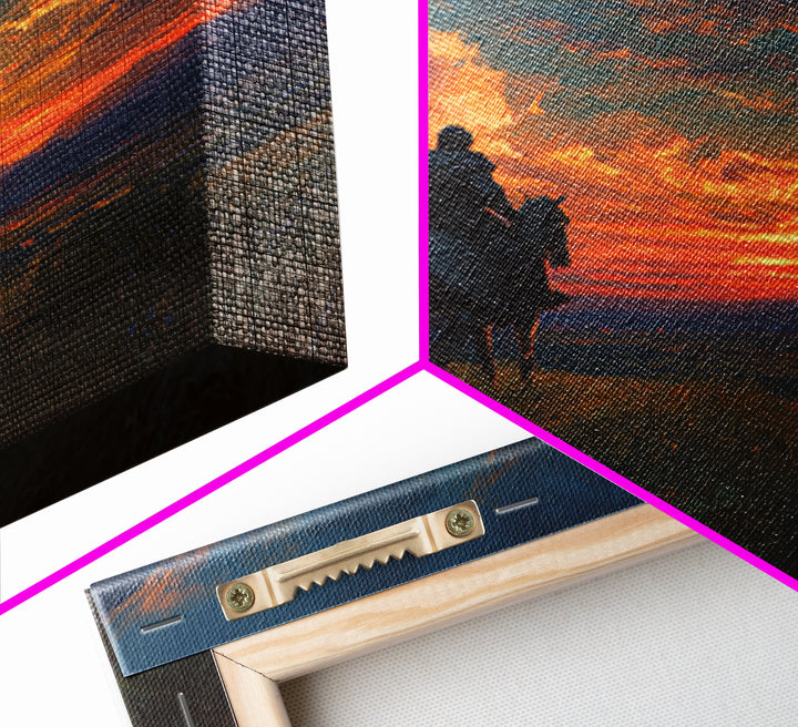 Armored Knight On Horseback At Fiery Sunset Canvas Print, Medieval Fantasy Wall Art, Dramatic Landscape Decor For Him Gift