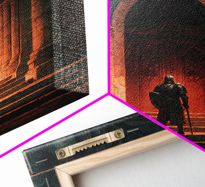 Armored Knight Before Gothic Cathedral Door Canvas Print, Medieval Wall Art, Dark Academia Decor, Gothic Fantasy Gift For Him