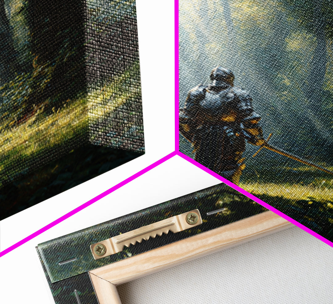 Armored Knight In Sunlit Forest Wall Art, Fantasy Canvas Print, Medieval Woodland Decor For Game Room Office And Home Decor