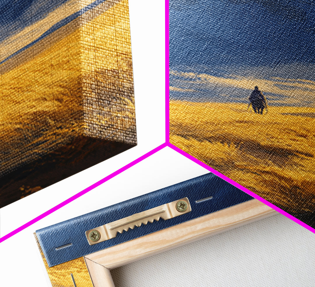 Lone Traveler In Golden Prairie Under Blue Sky Wall Art, Dreamy Landscape Canvas Print, Minimalist Nature Decor, Rustic Gift