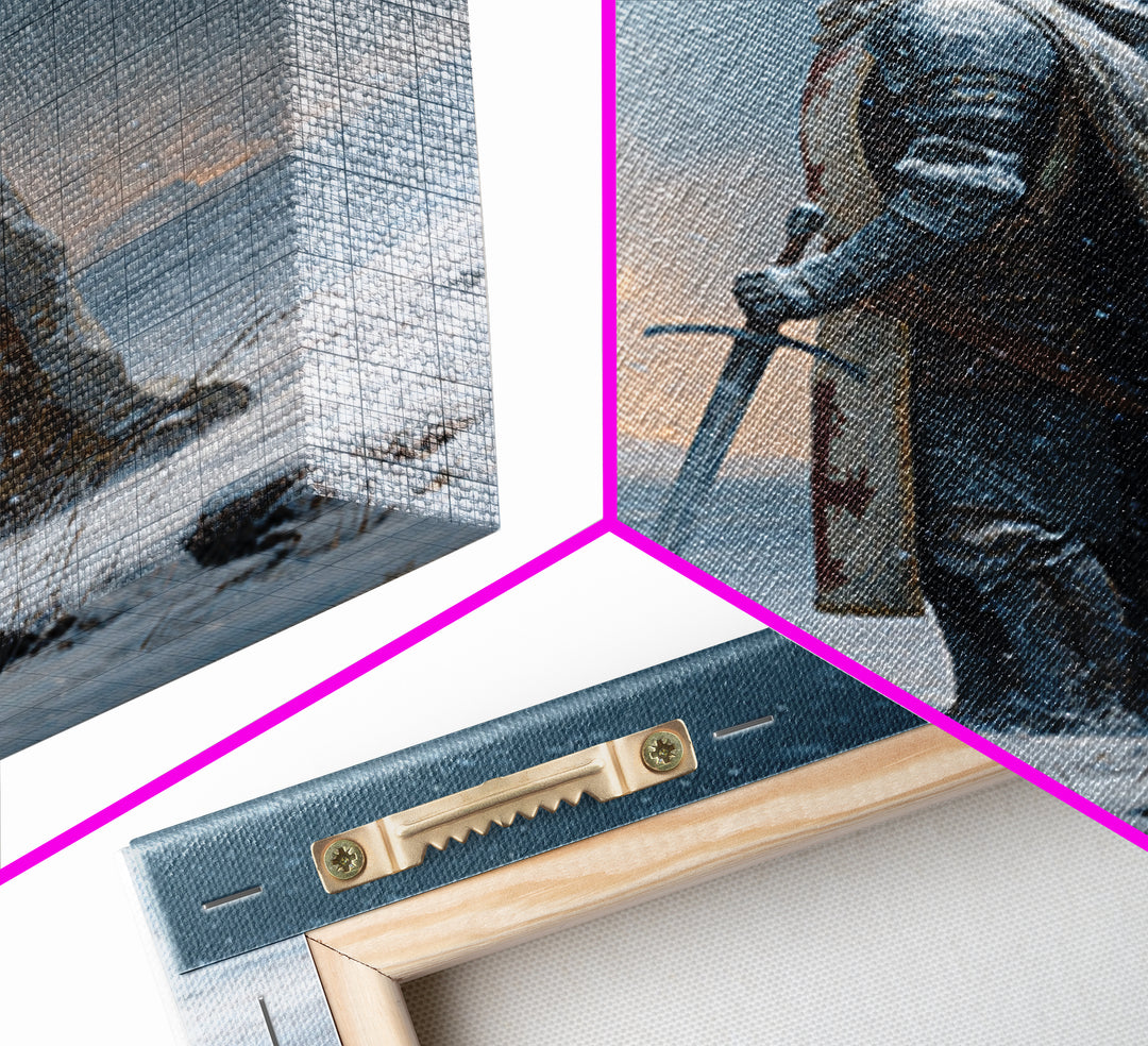 Snowy Medieval Knight Canvas Print, Fantasy Wall Art, Winter Warrior Sword Painting, Gothic Decor, Dark Academia Gift For Him