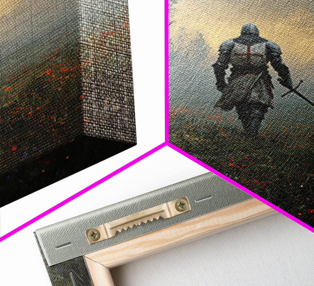 Misty Crusader Knight In Wildflower Meadow Wall Art, Medieval Landscape Canvas Print, Rustic Gothic Decor, Gift For Him Art