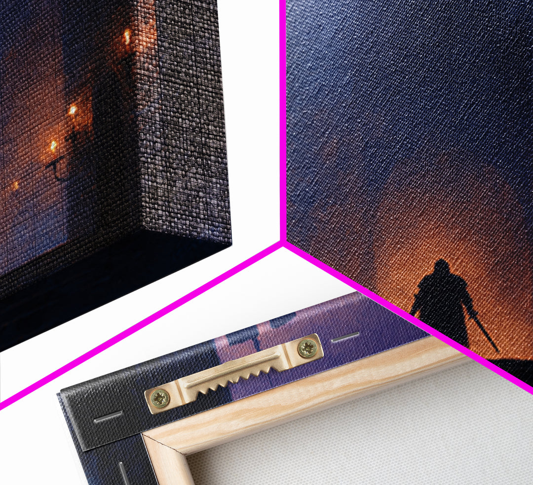 Cloaked Warrior At Castle Gate Wall Art, Dark Fantasy Canvas Print, Medieval Gothic Decor, Moody Game Room Art Gift For Him