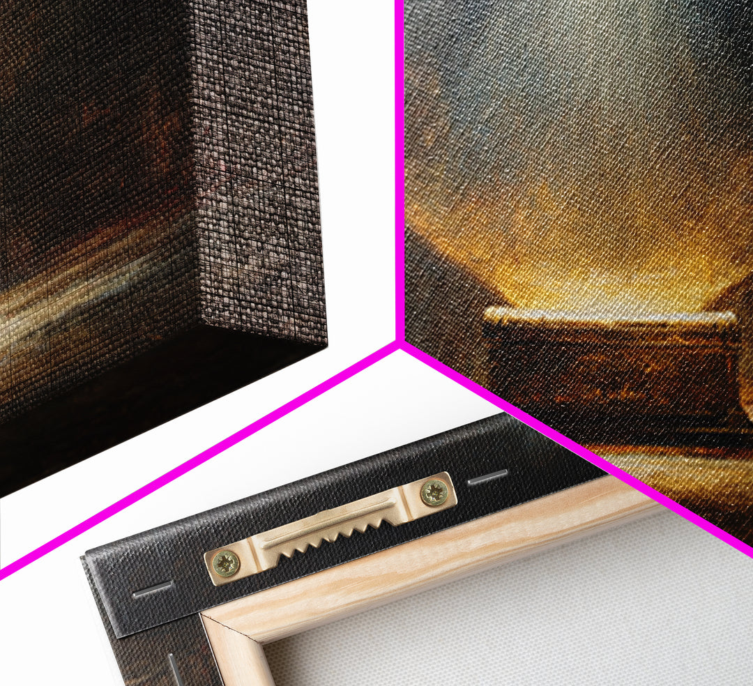 Glowing Ark In Ancient Chamber Framed Canvas Print, Dark Academia Wall Art, Biblical Oil Painting, Spiritual Home Decor Print