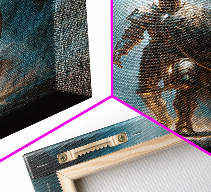 Heroic Silver Knight With Sword And Shield Wall Art, Fantasy Warrior Framed Canvas Print, Gothic Decor, Dramatic Office Art
