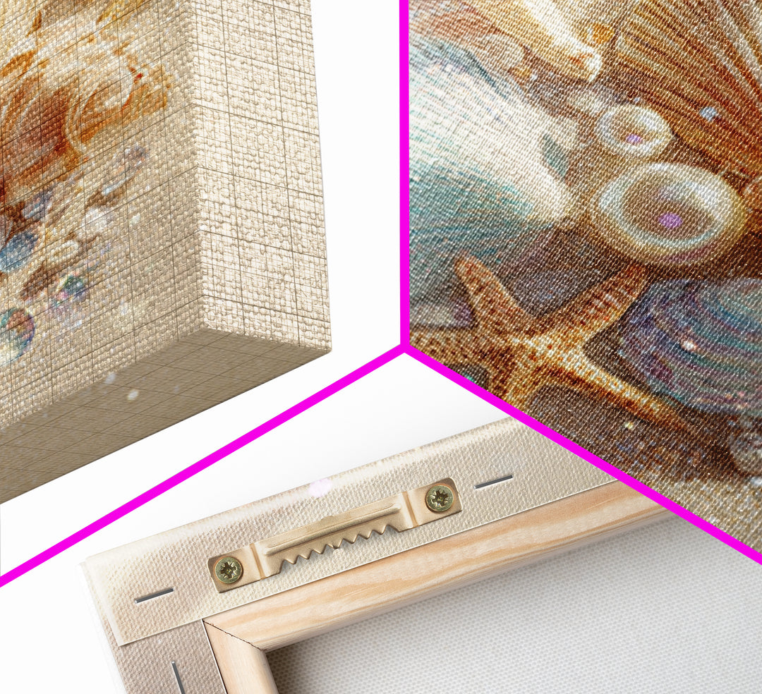 Seashells Starfish And Pearls Wall Art, Coastal Beach Canvas Print, Ocean Life Decor For Bathroom Or Beach House Home Decor