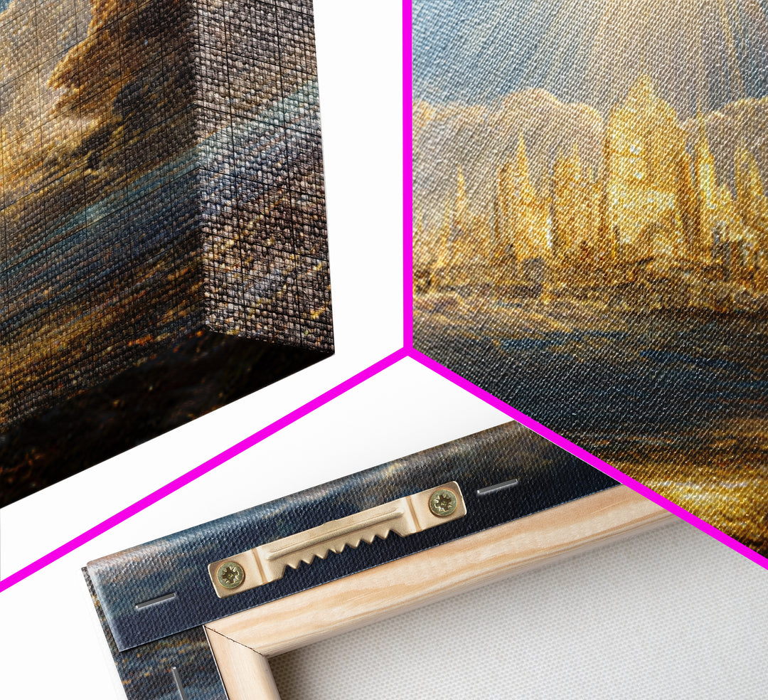 Golden Celestial City Above Clouds Wall Art, Heavenly Fantasy Canvas Print, Spiritual Landscape Decor, Statement Artwork Gift
