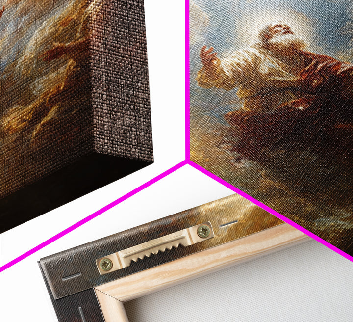 Biblical Prophet Ascending In Golden Clouds Framed Canvas Print, Christian Wall Art, Religious Home Decor, Prayer Room Gift