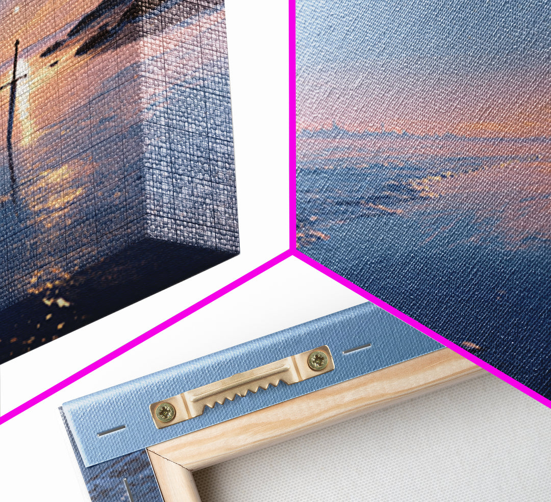 Pastel Beach Sunset With Sword Reflection Wall Art, Coastal Canvas Print, Minimal Ocean Landscape Bedroom Decor Gift For Her