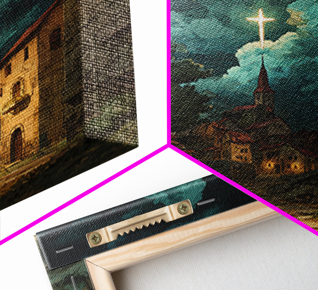 Moonlit Christian Village With Glowing Cross Wall Art, Storybook Church Canvas Print, Rustic Faith Decor For Cozy Home Decor