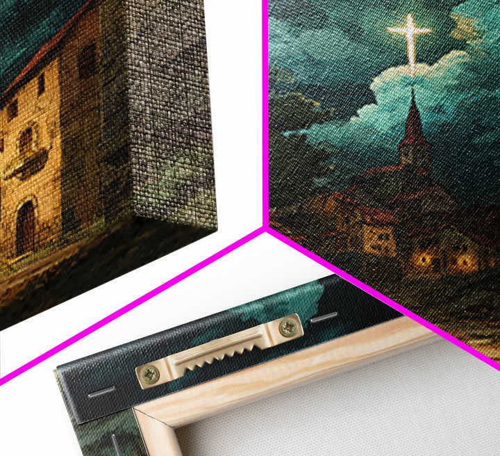 Moonlit Christian Village With Glowing Cross Wall Art, Storybook Church Canvas Print, Rustic Faith Decor For Cozy Home Decor