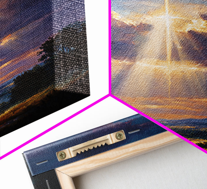 Radiant Cross Above Sunrise Valley Wall Art, Christian Landscape Canvas Print, Spiritual Decor, Inspirational Faith Gift