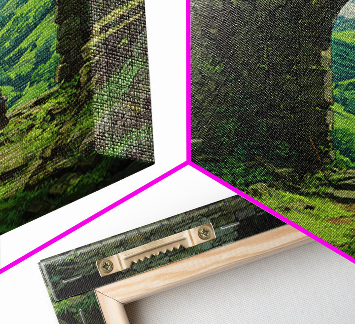 Castle Ruins Green Valley Knight Wall Art, Fantasy Landscape Canvas Print, Medieval Adventure Home Decor, Gamer Gift For Him