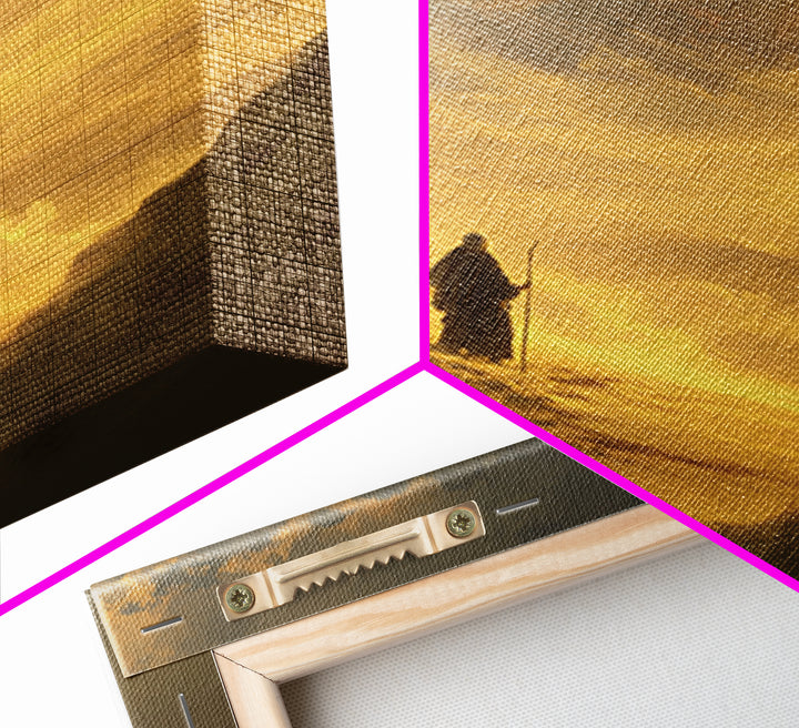Lone Pilgrim Crossing Golden Desert Wall Art, Spiritual Landscape Canvas Print, Minimalist Desert Decor, Warm Neutral Home Decor