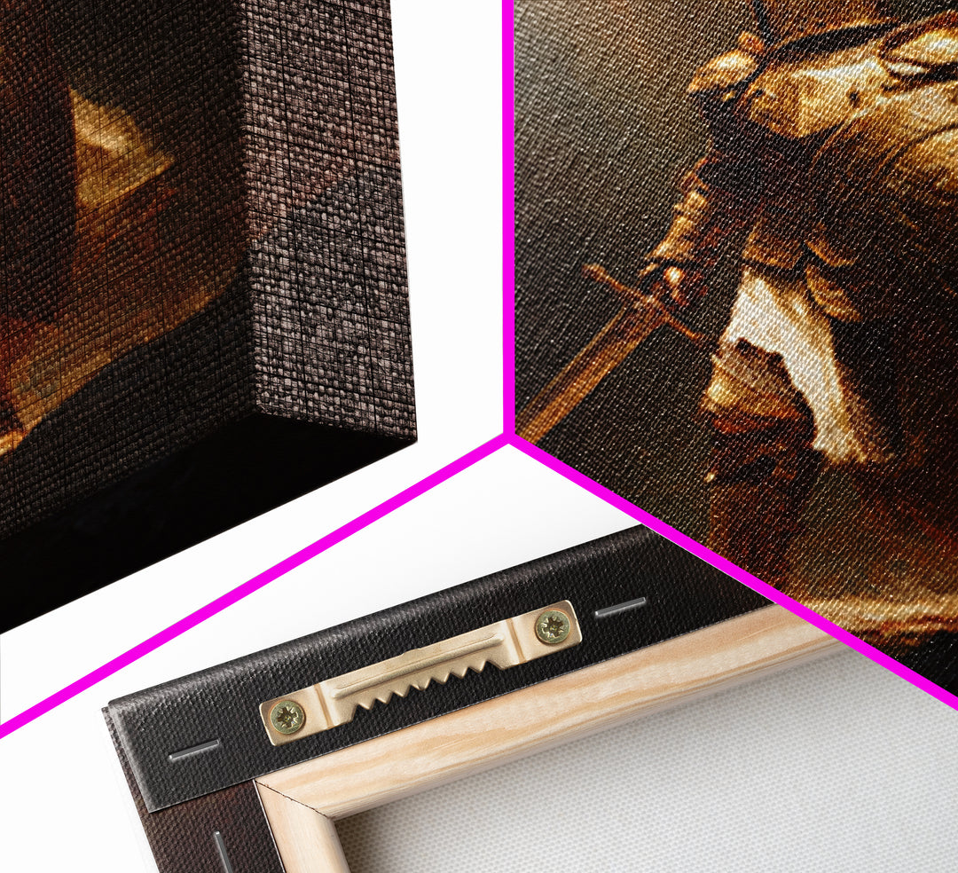 Golden Knight With Sword Canvas Print, Dark Fantasy Warrior Wall Art, Medieval Armor Painting, Masculine Office Decor, Gift For Him