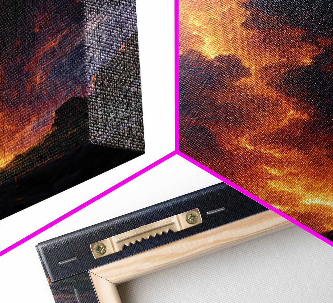 Fiery Mountain Storm At Sunset Wall Art, Dramatic Fantasy Landscape Canvas Print, Moody Maximalist Living Room Decor Gift