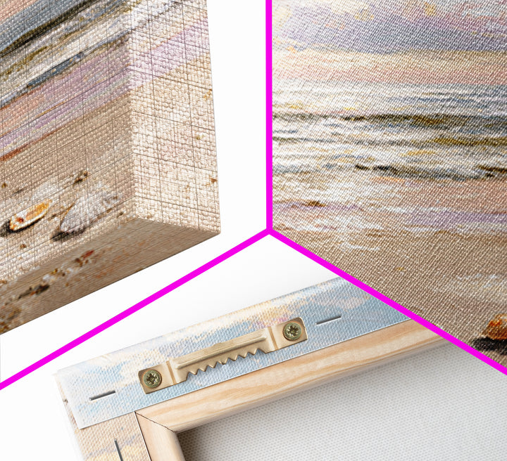 Pastel Ocean Waves And Seashells Wall Art, Coastal Seascape Framed Canvas Print, Beach House Living Room Decor For Bedroom