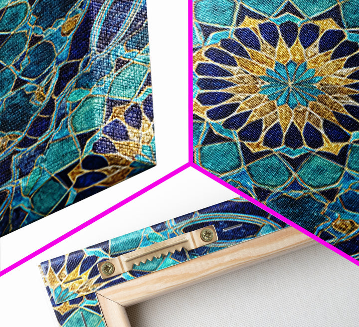 Teal Islamic Geometric Tile Wall Art, Moroccan Mosaic Pattern, Blue Gold Boho Decor, Mediterranean Canvas Print, Kitchen Decor
