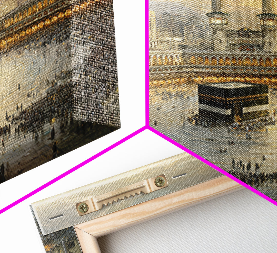 Golden Mecca Kaaba Pilgrimage Canvas Print, Islamic Wall Art, Masjid Al Haram Decor, Spiritual Muslim Gift For Home And Prayer Room