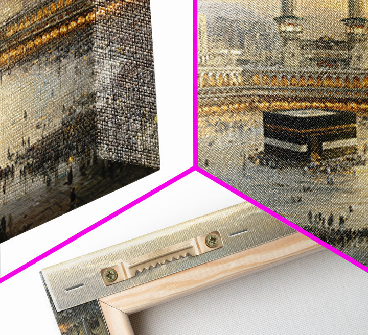 Golden Mecca Kaaba Pilgrimage Canvas Print, Islamic Wall Art, Masjid Al Haram Decor, Spiritual Muslim Gift For Home And Prayer Room