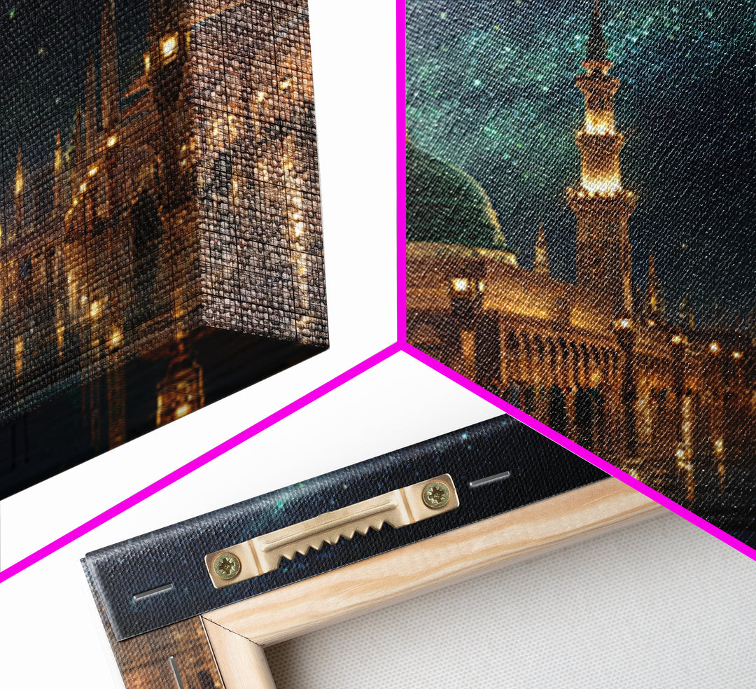 Starry Mosque Courtyard At Night Canvas Print, Islamic Architecture Wall Art, Celestial Decor, Muslim Home Decor Gift Idea