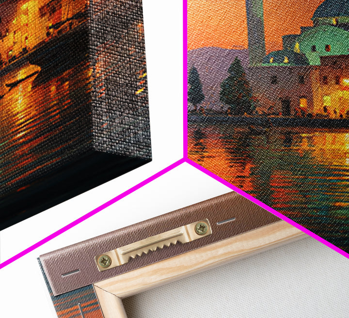 Waterfront Mosque At Orange Sunset Canvas Print, Islamic Architecture Art, Coastal Wall Decor, Travel Poster For Living Room