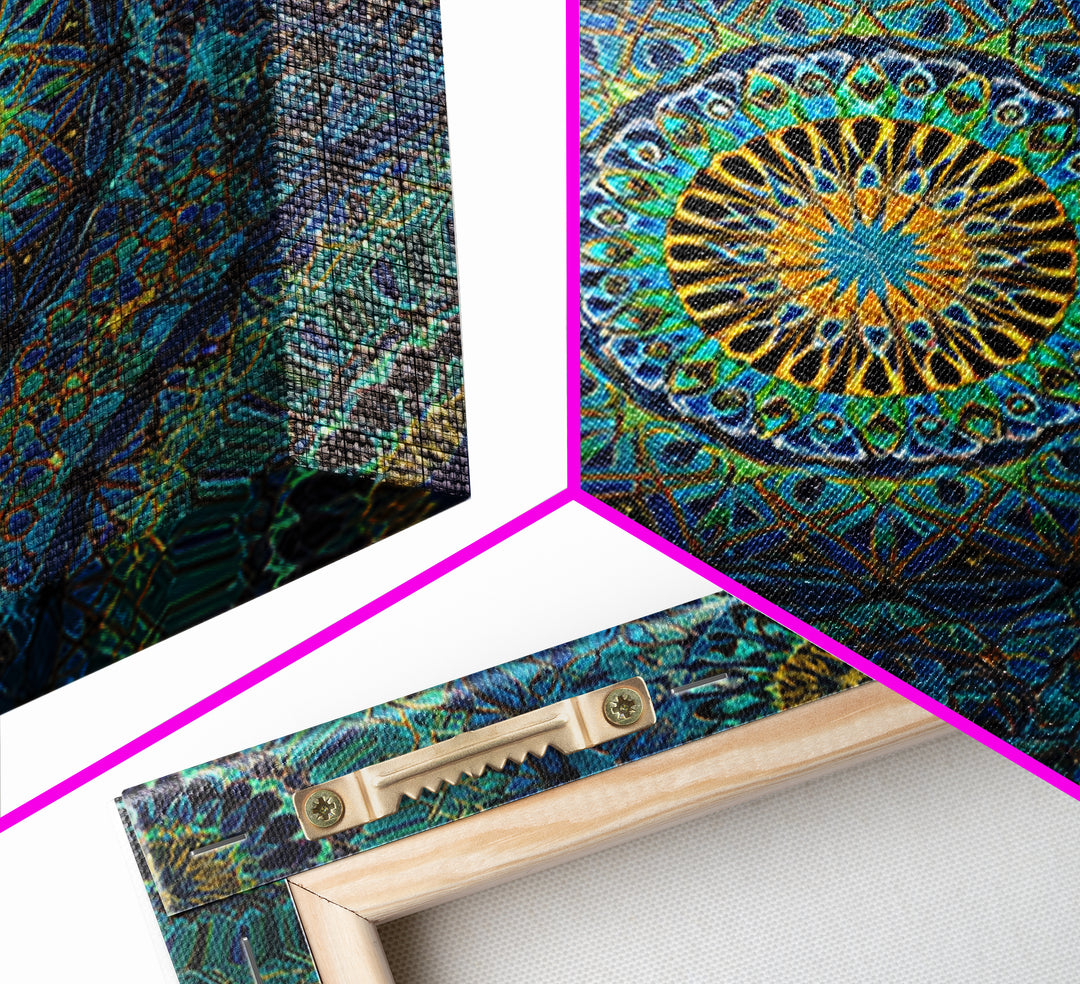 Teal Gold Geometric Mandala Wall Art, Sacred Geometry Abstract Print, Boho Spiritual Decor, Modern Meditation Room Art Gift
