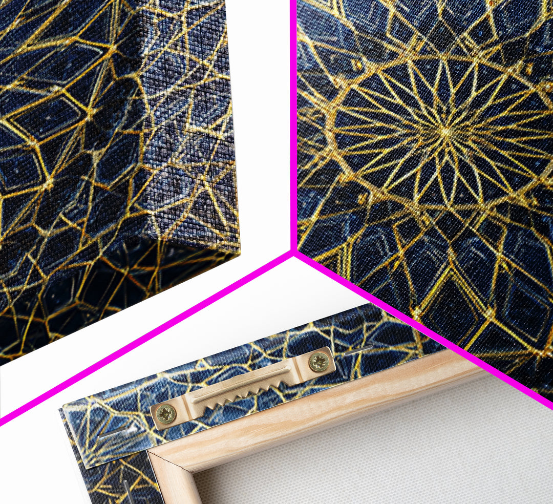 Blue Gold Geometric Mandala Canvas Print, Islamic Pattern Wall Art, Moroccan Abstract Decor For Meditation Room And Office