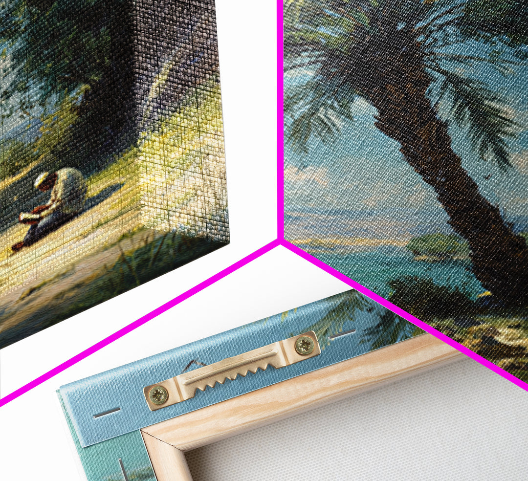 Leaning Palm By Blue Lagoon Wall Art, Tropical Coastal Landscape Painting, Serene Nature Decor, Mediterranean Canvas Print