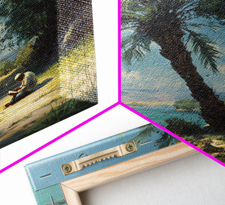 Leaning Palm By Blue Lagoon Wall Art, Tropical Coastal Landscape Painting, Serene Nature Decor, Mediterranean Canvas Print