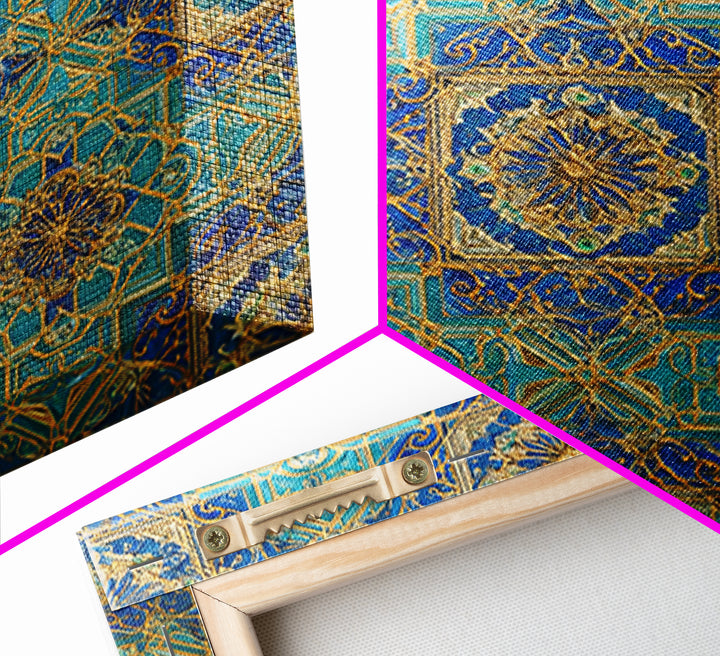 Blue And Gold Islamic Geometric Tile Wall Art, Moroccan Pattern Canvas Print For Elegant Home Decor And Meditation Room Decor