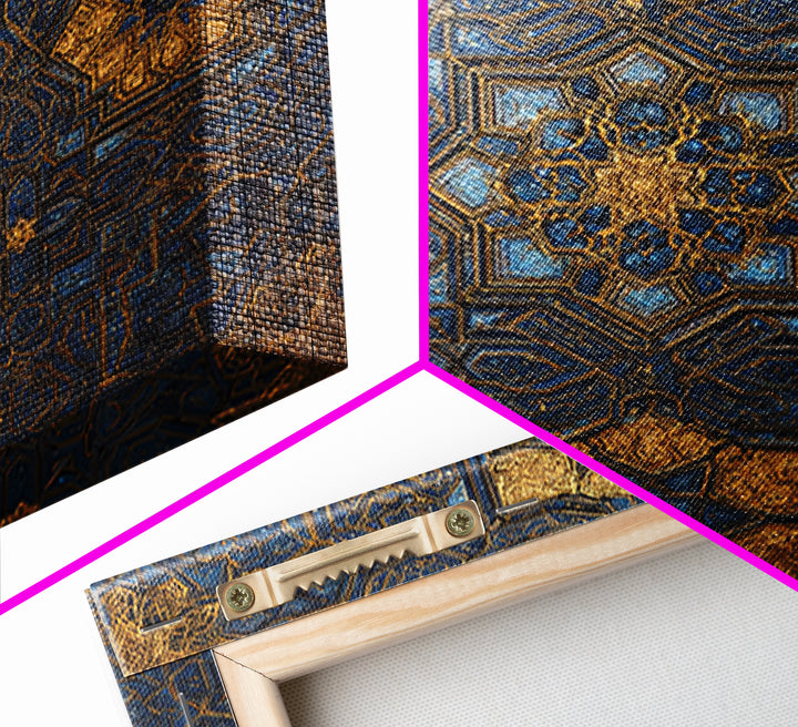 Blue Gold Islamic Geometric Tile Canvas Print, Moroccan Wall Art, Arabic Pattern Decor For Prayer Room And Modern Home Decor